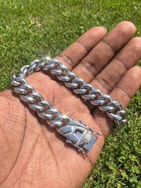 Mens Miami Cuban Link Bracelet Real Silver 8 Inch Plated 10mm Solid Waterproof